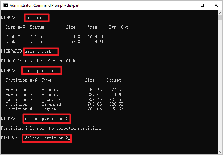 delete recovery partition on server