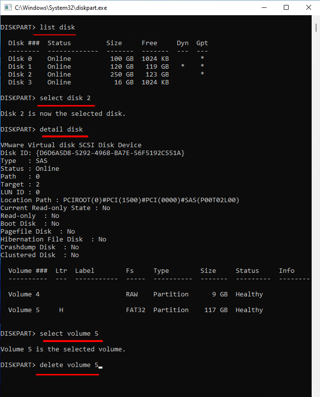 type delete volume