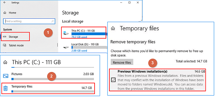 Remove Windows.old using Temporary file settings