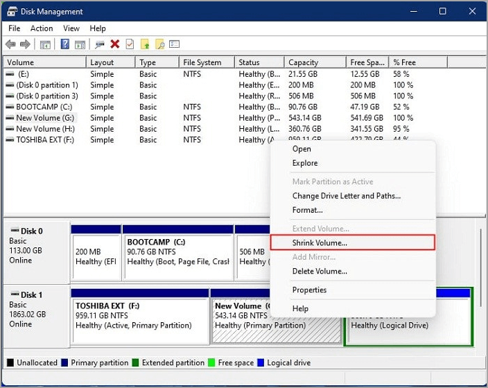 shrink volume of disk