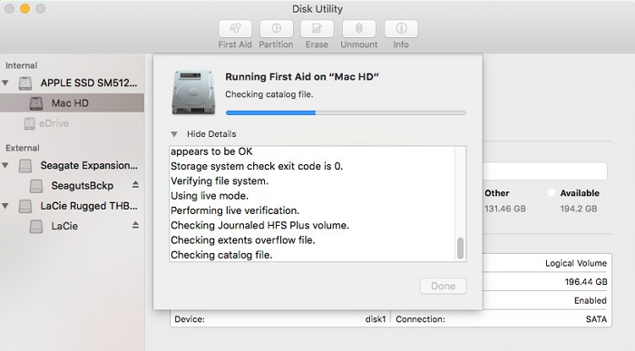 run disk utility first aid to repair bad sectors on external hard drive