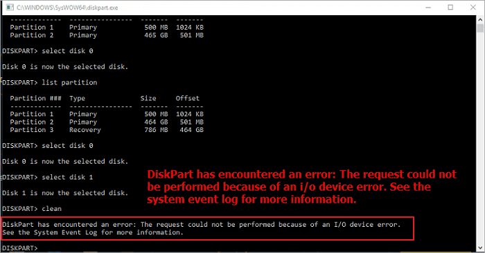 Error message of I/O device error in Diskpart