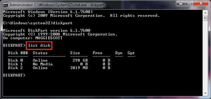 type list disk to clean SD card with command prompt