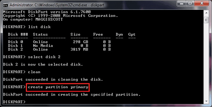 type create partition primary to format hard drive with command prompt