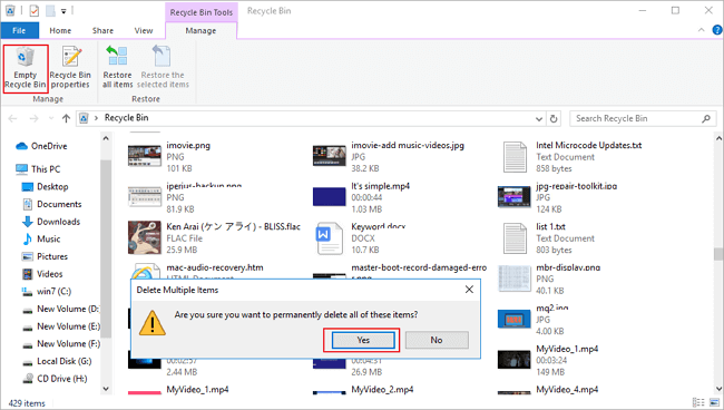 empty recycle bin on windows 10 in manage