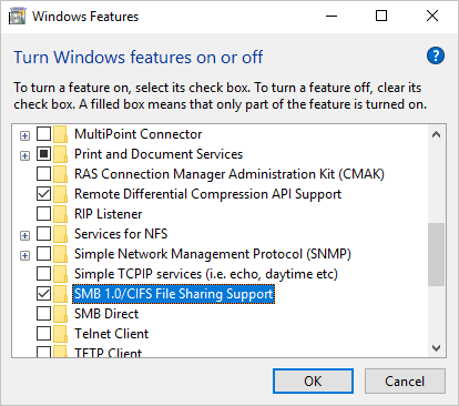 fix Windows 10 smb not working - enable SMB 1.0