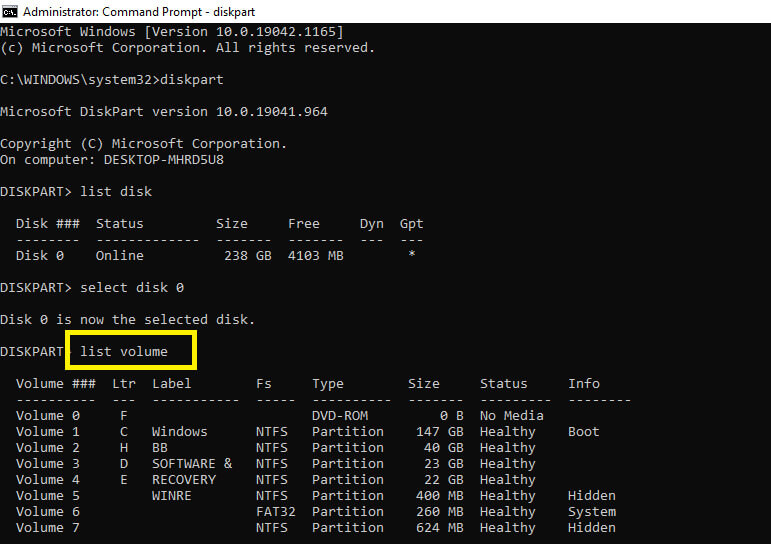 Look for the partition volume you want to format