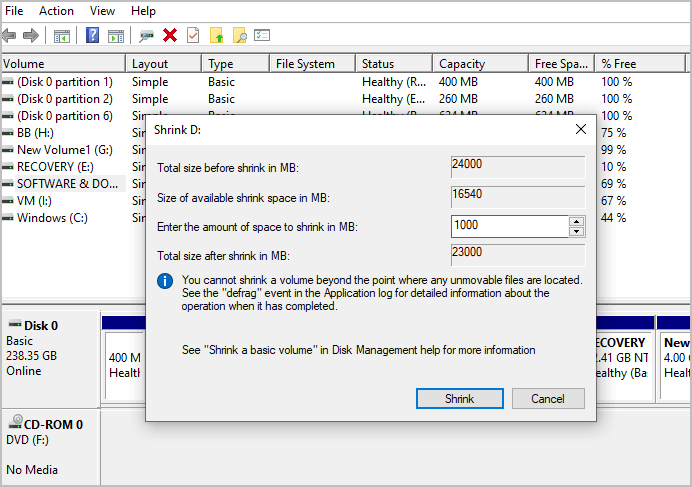 Shrink partition size