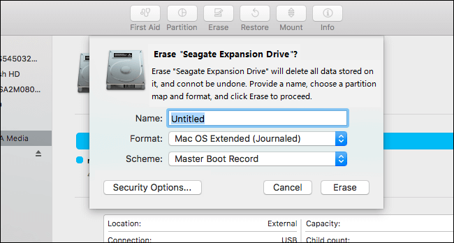 Erase unmounted external hard drive to Mac compatible.