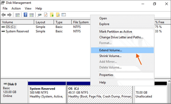 Select C Drive Right Click and Select Extend Volume 