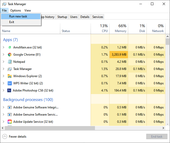 open file explorer by task manager