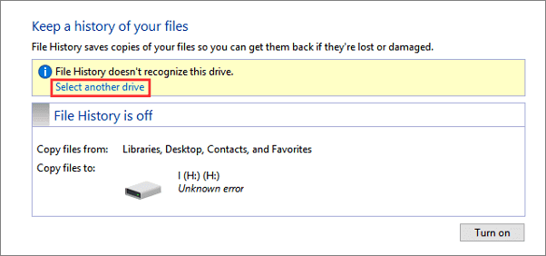Fix File History doesn't recognize this drive error in Windows 10.