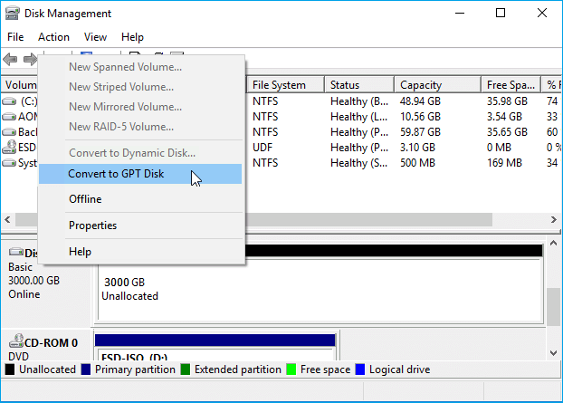 Convert MBR to GPT to fix new simple volume greyed out issue.