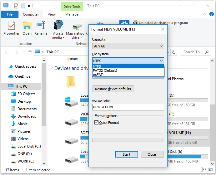 Format hard dive via File Explorer