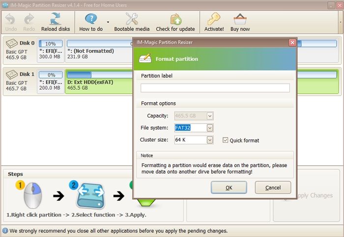 Format to FAT32 using IM-Magic Partition Resizer