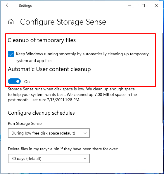 Configure storage sense to delete selected items automatically