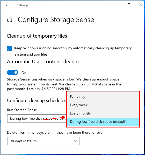 Set the date to fre up disk space and fix low disk error on disk