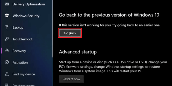 Go back to the previous version of Windows 10