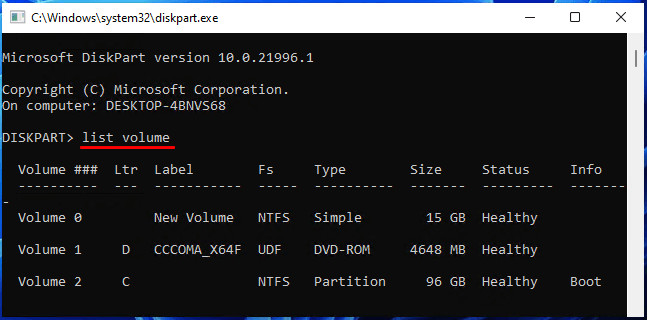 List volume in diskpart