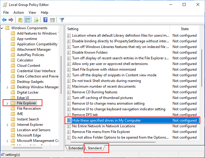 Open hide drive settings