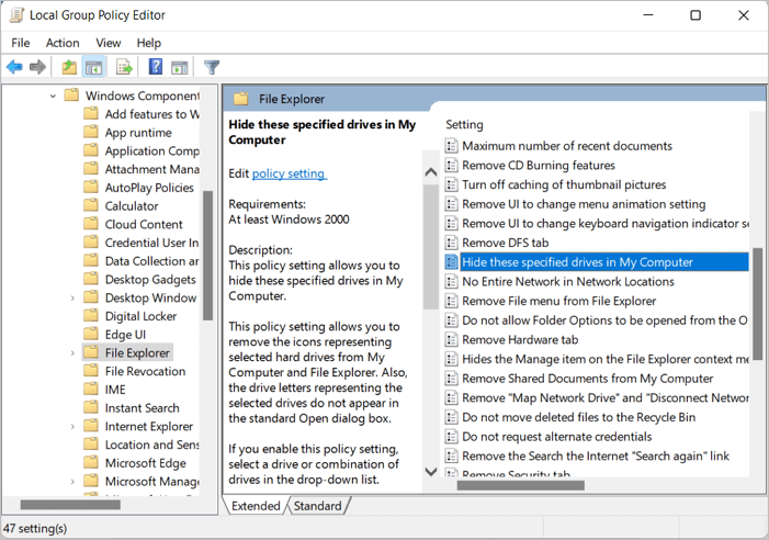 hide partitions via local group editor - 1