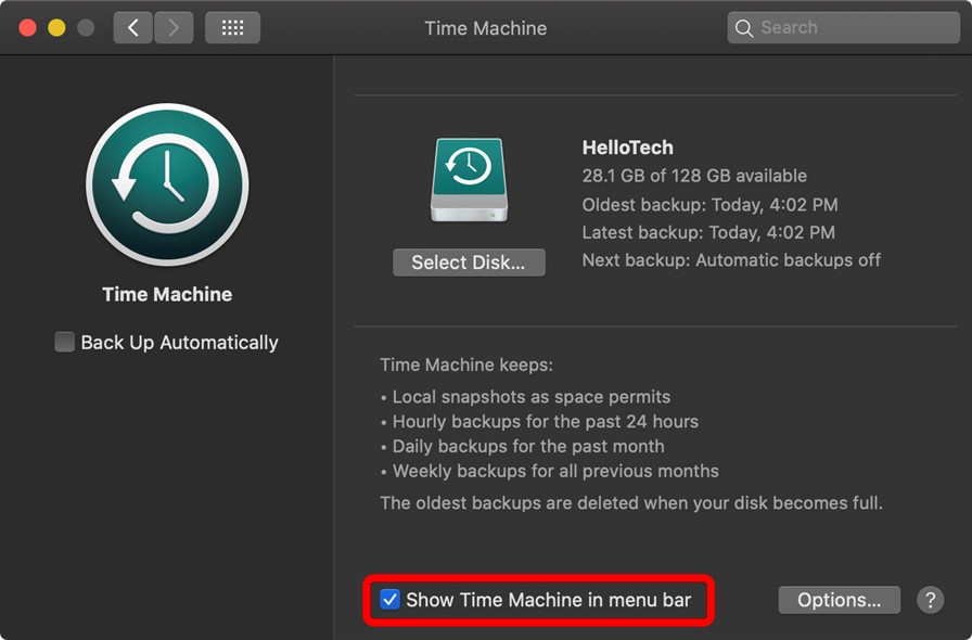 Check Show Time Machine in the menu bar