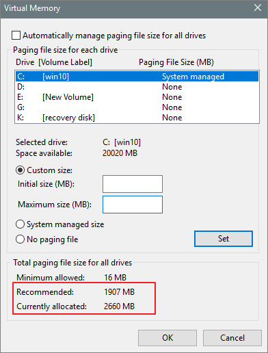 set the virtual memory settings