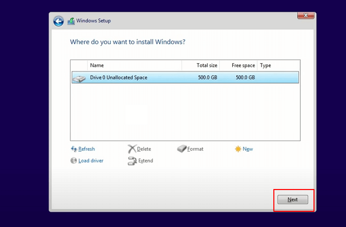 Select disk to install Windows 11