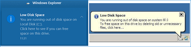 low disk space error