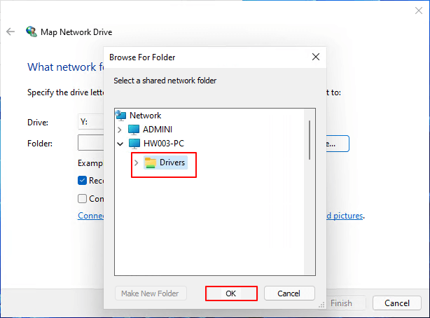Select network drive folder to map