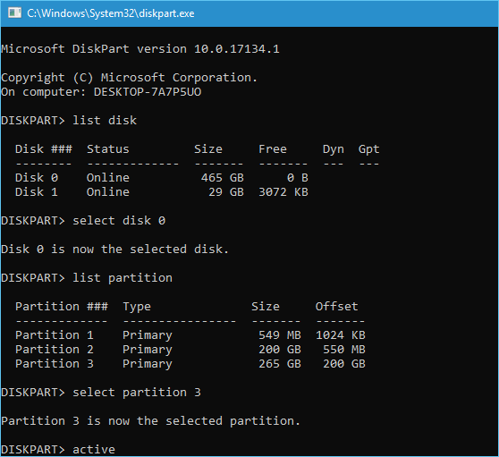 Set partition active usign diskpart
