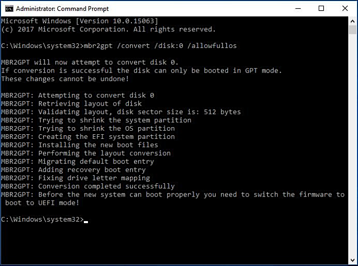 attempting to convert mbr2gpt using command prompt 