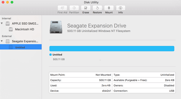 mount external hard drive in mac disk utility step 1