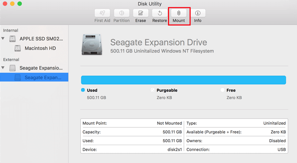 mount external hard drive in mac disk utility step 2