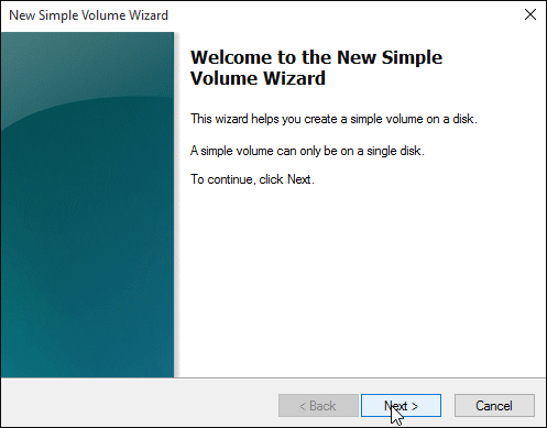 open new simple volume wizard