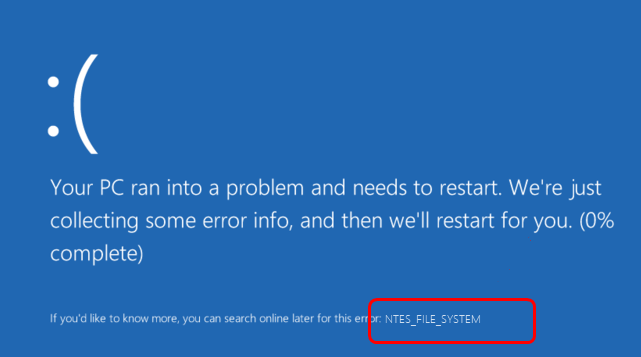 Windows 10 NTFS File System Blue Screen error.