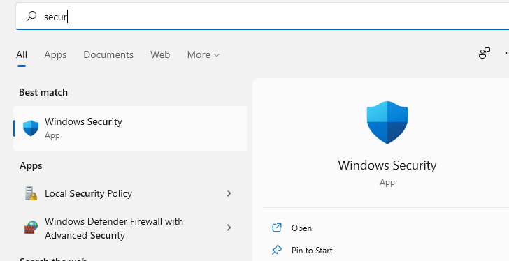 Open Windows 11 Security app