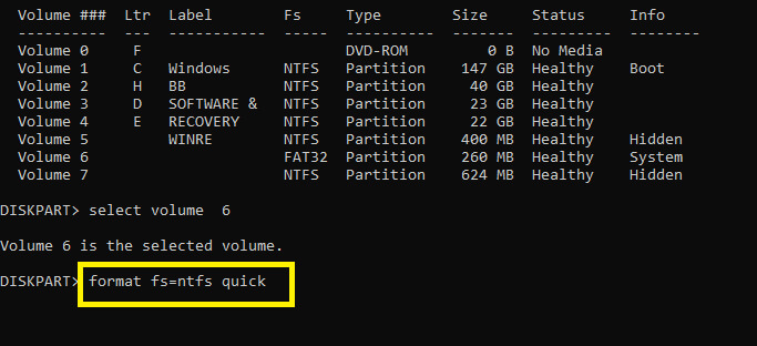 Format the partition using the command