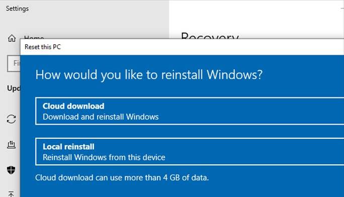 Choose between Cloud download or Local reinstall