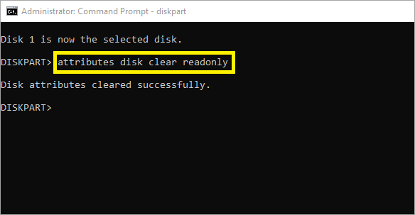 Remove the Write protection from the disk using the above command.