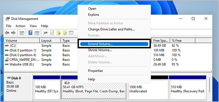 right click c drive extend windows 11