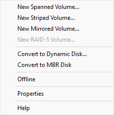 Option in right clicking disk via Disk Management