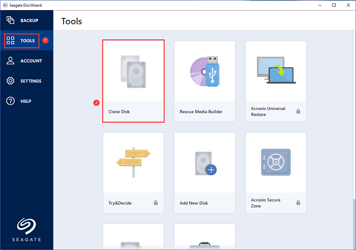 select clone disk in seagate discwizard