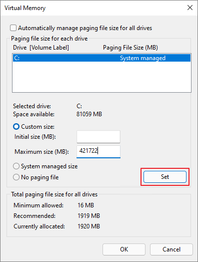 set virtual memory