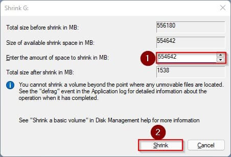 input the amount of space needed to shrink partition volume