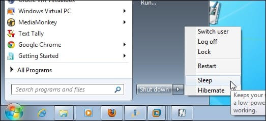 sleep and hibernate options in Windows 7