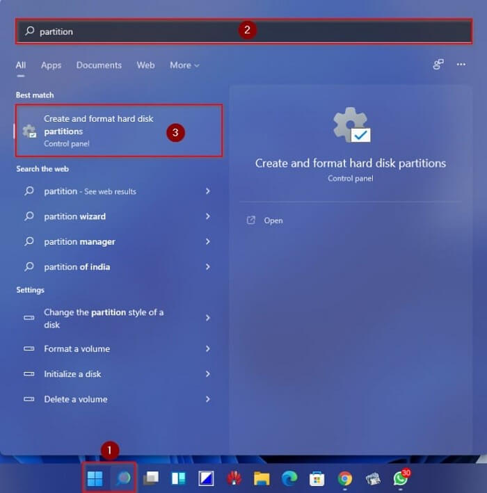 access partition windows through the start menu in Windows 11