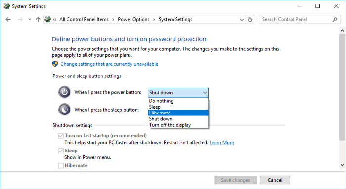 system hibernate settings