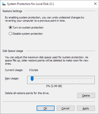 reduce system restore disk space usage in system protection settings