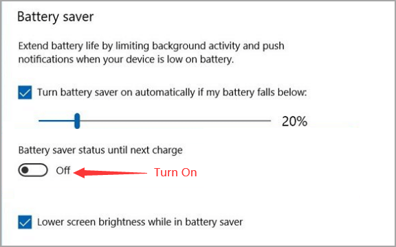 turn on battery saver - Windows 10